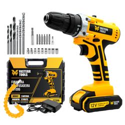 Furadeira Parafusadeira de Impacto 3/8" 12V com 1 Bateria e 24 Acessórios Fasterr FST006