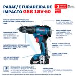 Parafusadeira Furadeira de Impacto 12 18V com 2 Baterias Bosch GSB 18V-50 8