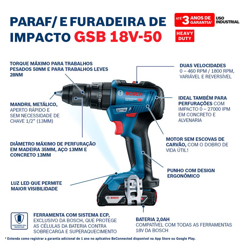 Parafusadeira Furadeira de Impacto 12 18V com 2 Baterias Bosch GSB 18V-50 8